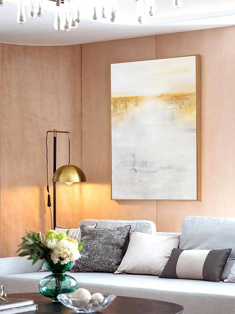 Golden Original Leaf Minimalist Abstract Canvas Artwork KCH7V